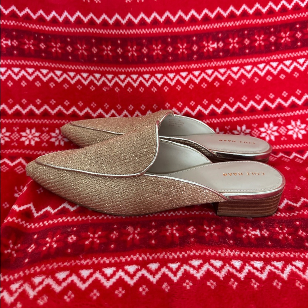 Women’s Cole Haan Piper Mule Gold Metallic Linen Raffia  Slip On Shoes Size 9 B